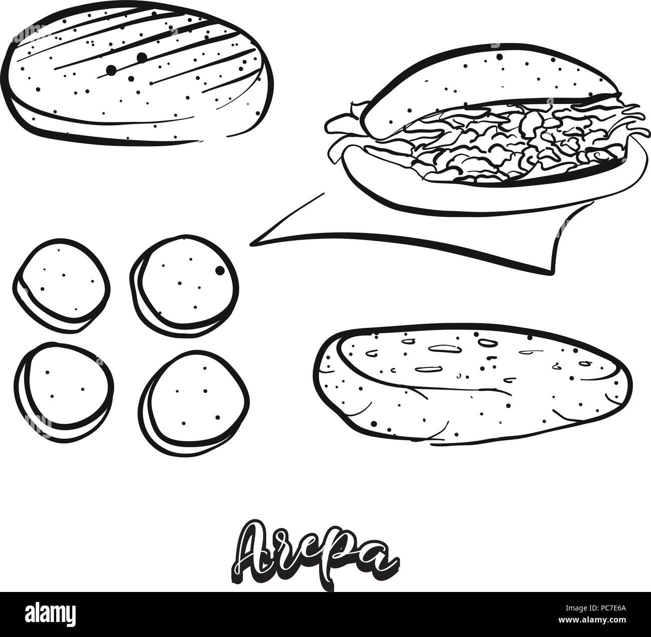 Croquis dessinés à la main, de l'Arepa de nourriture. Dessin vectoriel du Cornbread food, généralement connu en Amérique du Sud. Illustration du pain series. Illustration de Vecteur