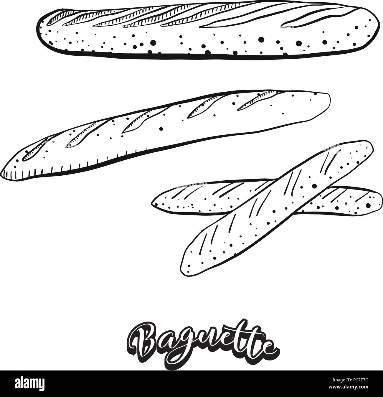 Croquis dessinés à la main de pain baguette de la nourriture. Dessin vectoriel de la levure alimentaire pain, généralement connue en France. Illustration du pain series. Illustration de Vecteur