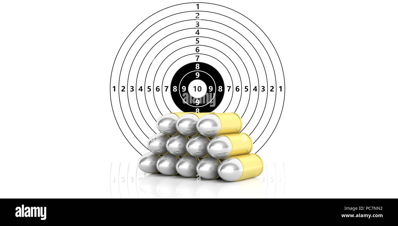 Pile de balles sur du papier blanc avec chiffres plaque cible de tir. 3d illustration Banque D'Images