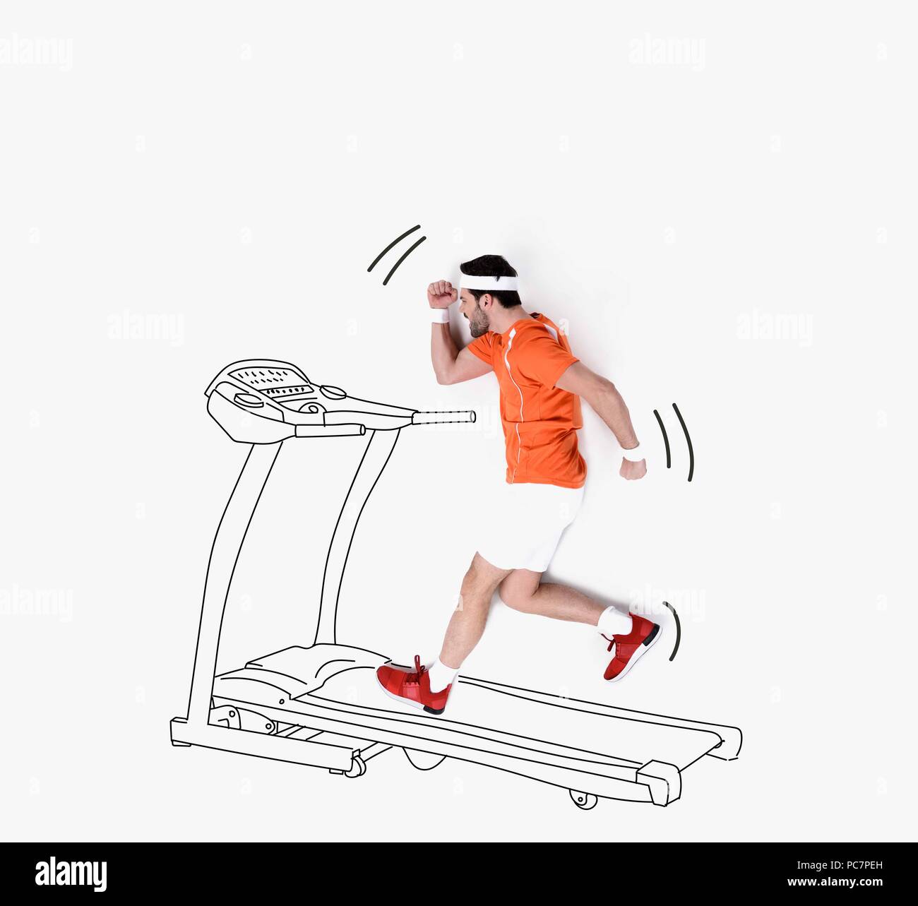 Main créatrice appelée collage avec homme qui court sur un tapis roulant Banque D'Images