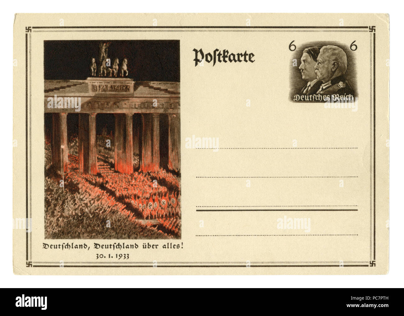 Carte postale historique allemand : anniversaire du renversement du pouvoir. Les troupes SA passe par le Bradenburg gate. 30 janvier 1933, l'Allemagne, Troisième Reich Banque D'Images