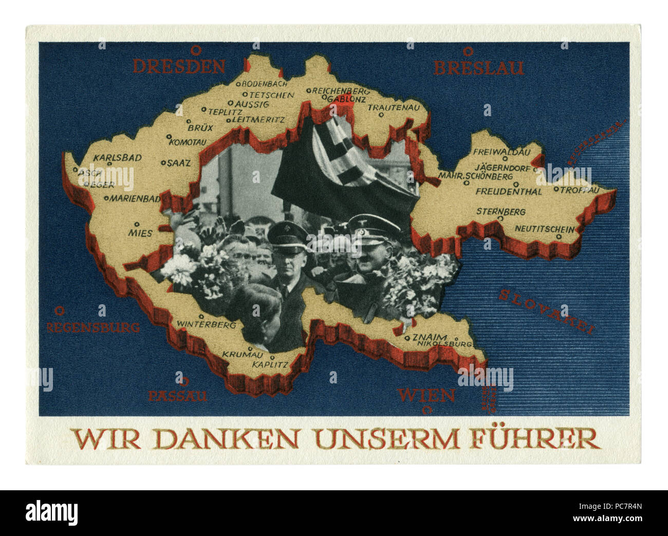 Carte postale historique allemand : Référendum sur l'adhésion de la région des Sudètes. L'annexion de certaines parties de la Tchécoslovaquie. 29 septembre 1938, Allemagne Banque D'Images