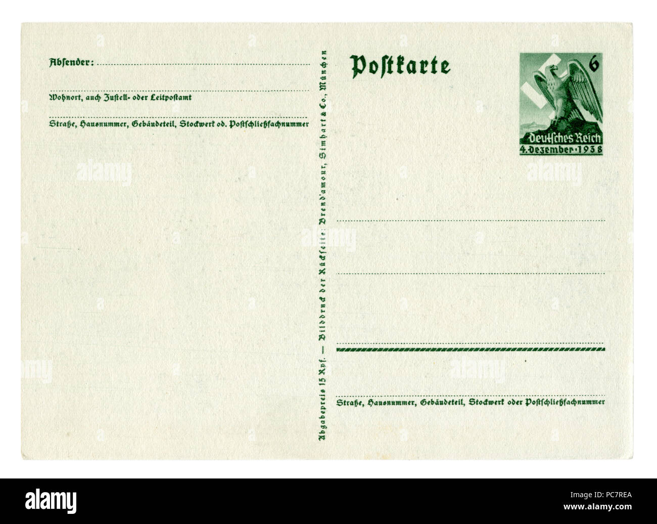 Dos de Carte postale allemande historique (PC7R4N) : Référendum sur l'adhésion de la région des Sudètes, 1938 Empreinte Eagle stamp, carte vierge, en Allemagne, LE DR Banque D'Images