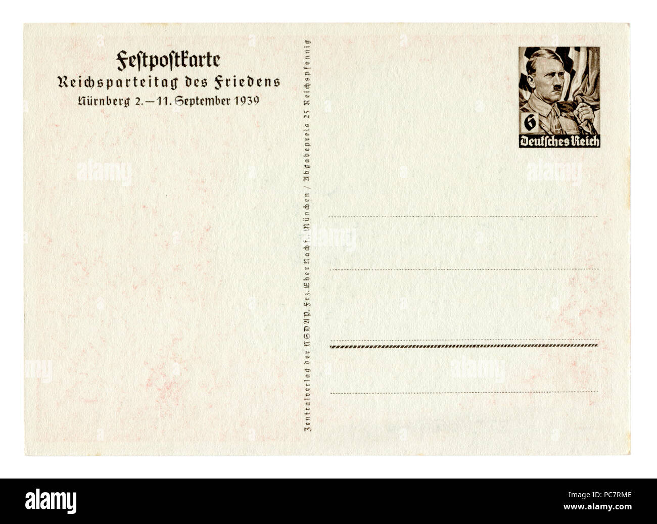 Dos de Carte postale allemande historique (PC7RH6) : Le 11e congrès du parti à Nuremberg en 1939, Hitler imprimé stamp, carte vierge, l'Allemagne, Troisième Reich Banque D'Images