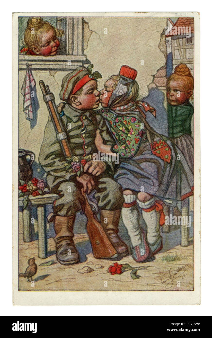 Carte postale historique allemand : les enfants comme des adultes : le soldat est revenu à sa petite amie de l'avant avec une croix de fer. Beithan artiste Emil, wwi Banque D'Images