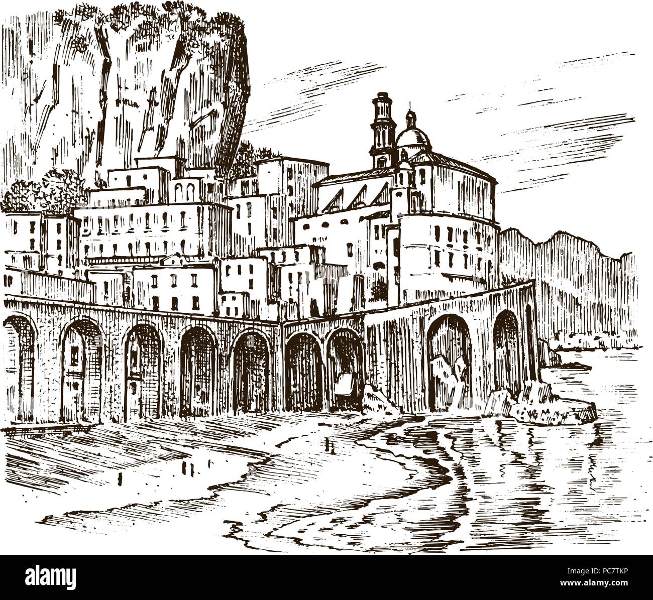 L Architecture Historique Avec Des Batiments En Perspective Paysage De Ville Europeenne Atrani En Italie Grave A La Main Dans De Vieux Croquis Et Monochrome Style Vintage Carte Postale De Voyage Image Vectorielle L Architecture Historique Avec Des Batiments En Perspective Paysage De Ville Europeenne Atrani En Italie Grave A La Main Dans De Vieux Croquis Et Monochrome Style Vintage Carte Postale De Voyage Image Vectorielle