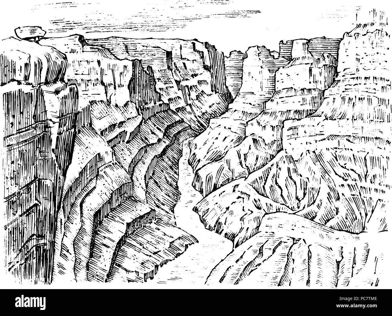 Grand Canyon en Arizona, aux États-Unis. Paysage monochrome graphique. Vieux croquis dessinés à la main, gravée. Des pics de montagne avec des forêts. Vector illustration pour une affiche ou une étiquette. Illustration de Vecteur