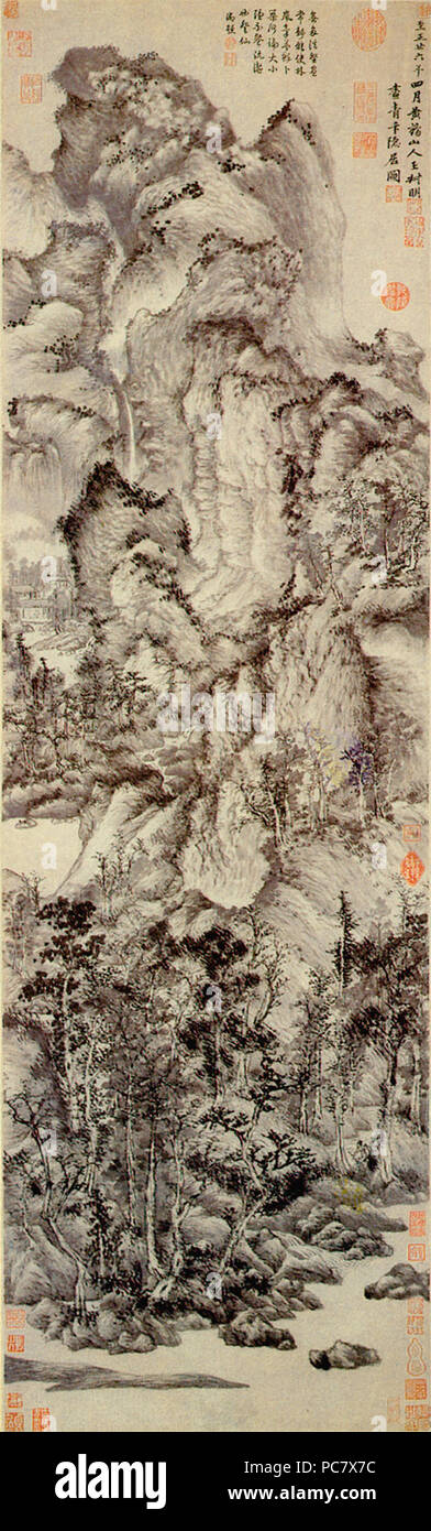 Wang Meng, isolé dans les montagnes d'habitation Qingbian, dans Fu Xinian, éd., Zhongguo meishu quanji, huihua pian 5 : Yuandai huihua (Beijing : Wenwu chubanshe, 1989), pl. 125, p. 179. La collection de musée de Shanghai. Hanging scroll, encre sur papier, 140,6 x 42,2 cm 641 Wang Meng, 1298 1385, La retraite à Qingbian, 1366. Rouleau vertical, encre sur papier, 141x42,4cm. Musée de Shanghai Banque D'Images