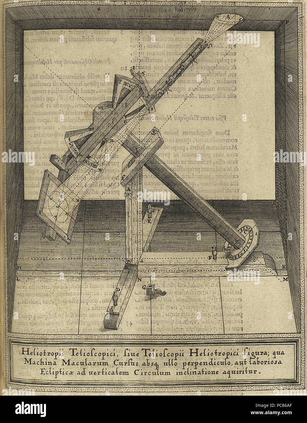 Gravure d'un instrument pour observer les taches solaires, de 'Rosa Ursina, sive sol ex admirando facularum phoenomeno & macularum suarum varius' par Christoph Scheiner (1573-1650) 581 tableau de taches solaires de Christoph Scheiner (1573-1650) Banque D'Images
