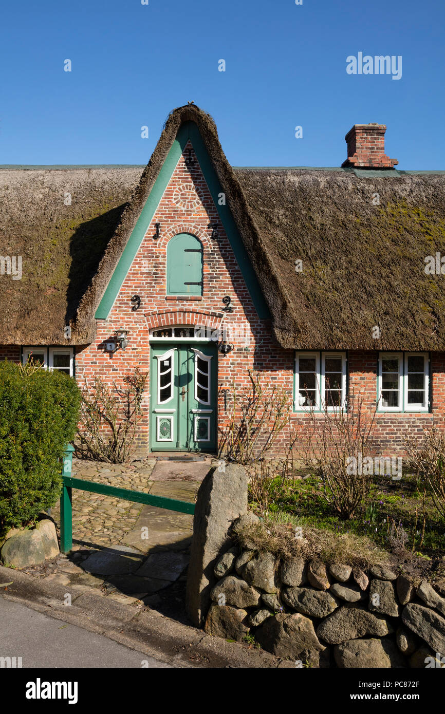 Maison au toit de chaume, Keitum, Sylt, au nord de l'île de la Frise, Frise du Nord, Schleswig-Holstein, Allemagne, Europe Banque D'Images