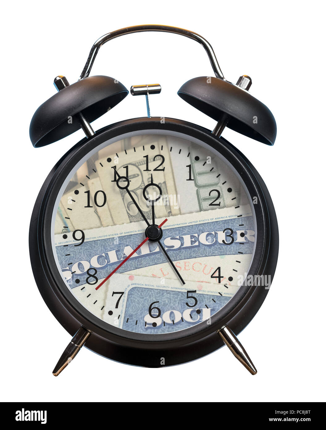 Réveil avec visage remplacé par carte de Sécurité Sociale Banque D'Images