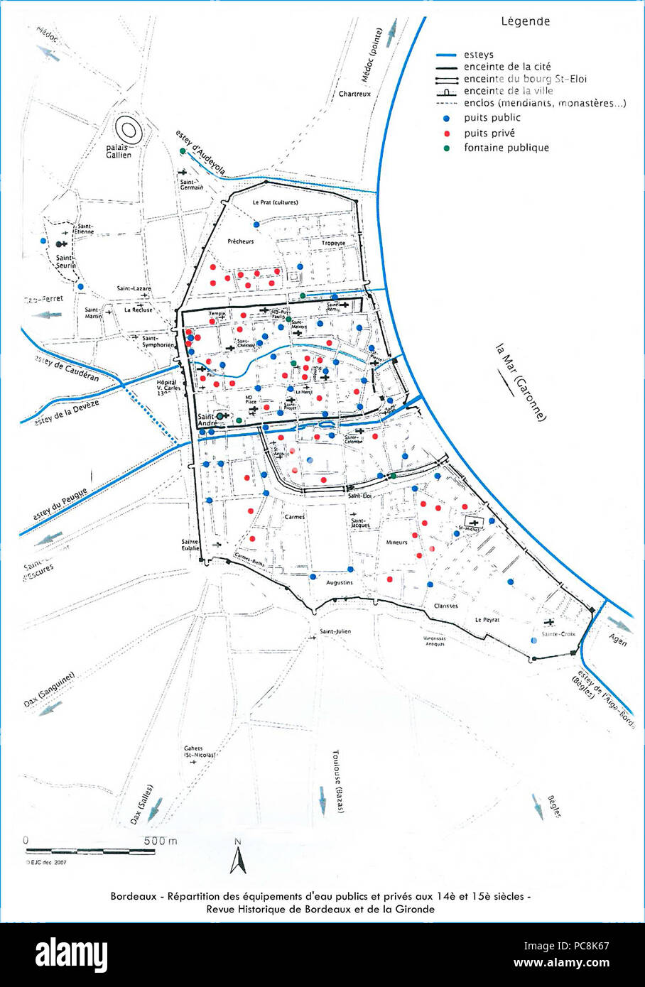 116 Carte des puits à Bordeaux au Moyen Age Banque D'Images