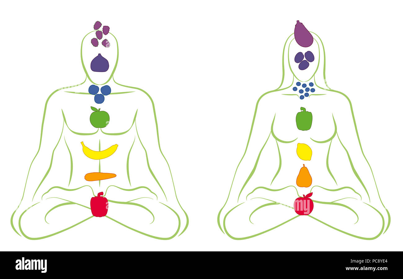 Couple amour végétarien. Méditer l'homme et de la femme avec des fruits et légumes au lieu de corps chakras - illustration sur fond blanc. Banque D'Images