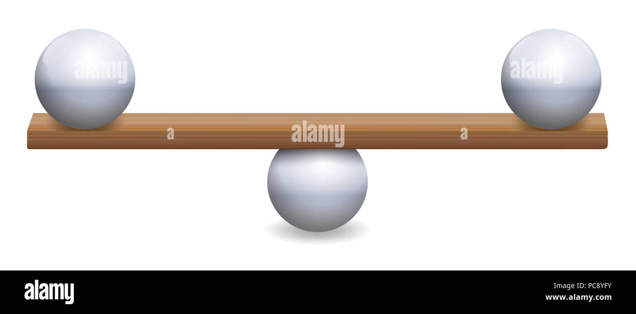 Équilibre instable avec trois balles de fer à repasser et une planche de bois. Symbolique pour l'instabilité, l'incertitude, l'insécurité ou d'un équilibre délicat. Banque D'Images