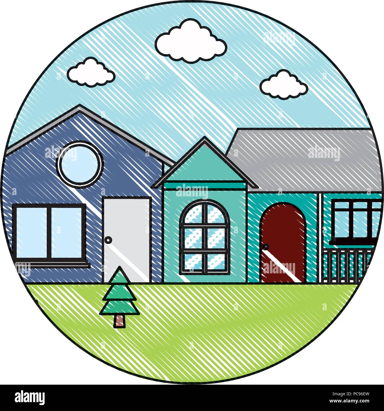 Châssis en forme de cercle avec des maisons traditionnelles dans un paysage sur fond blanc, design coloré. vector illustration Illustration de Vecteur