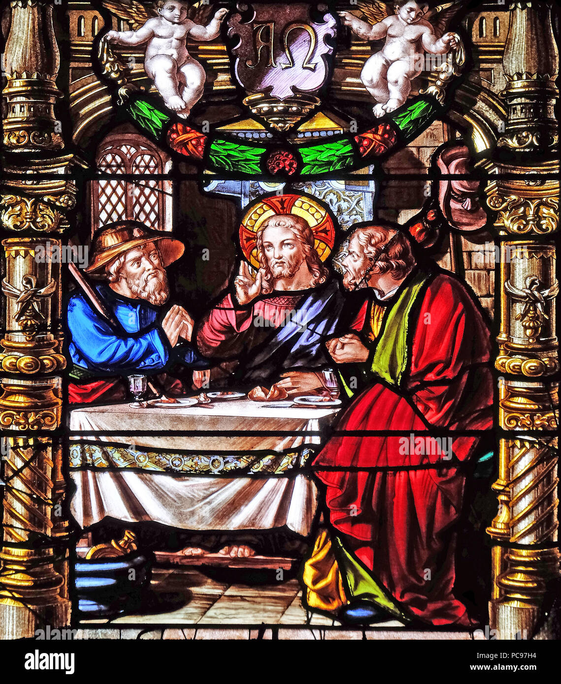 Le souper à Emmaüs, vitraux de la Saint Gervais et Saint Protais Église, Paris, France Banque D'Images