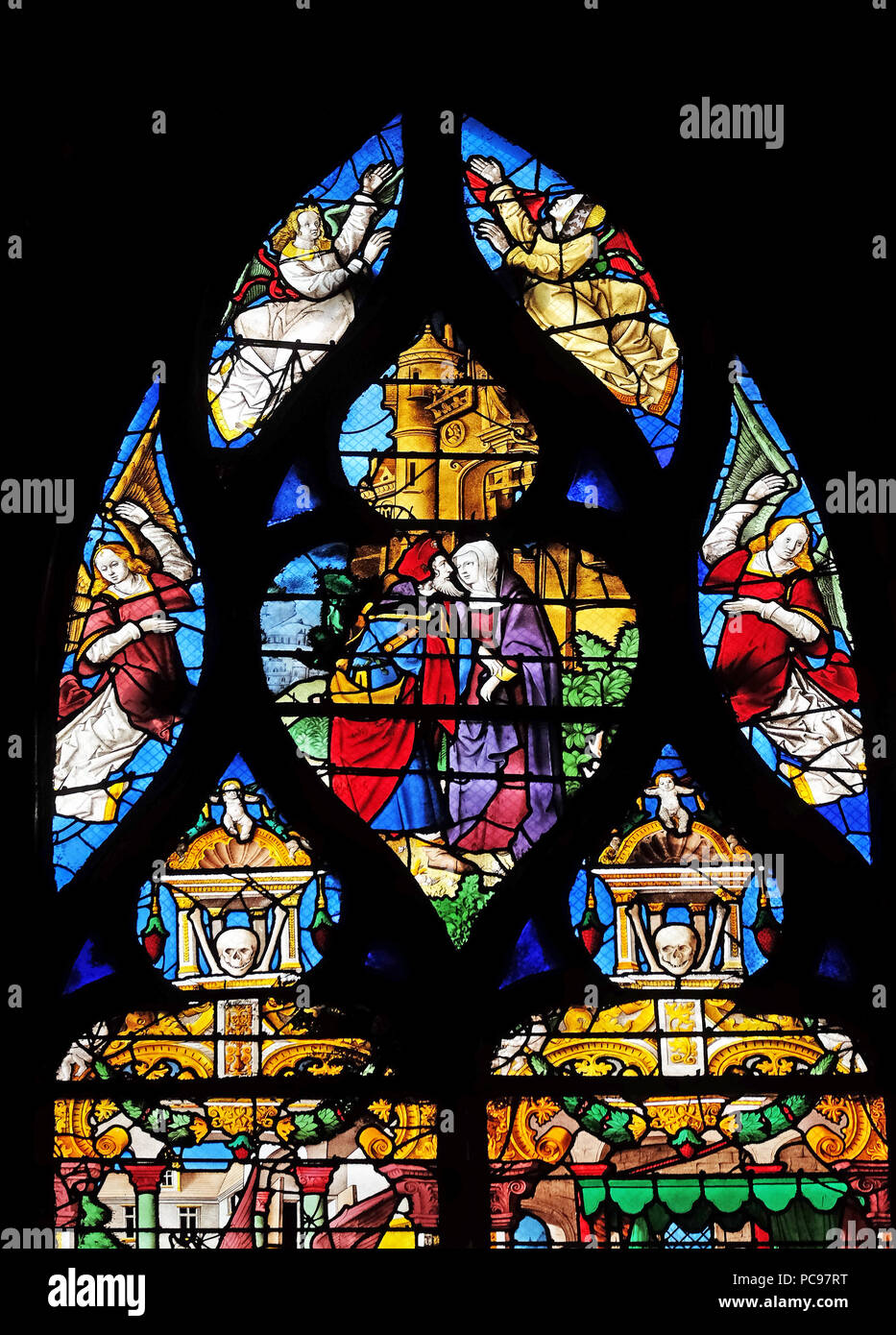 Joachim et Anne rencontre à la Porte Dorée, vitraux de la Saint Gervais et Saint Protais Église, Paris, France Banque D'Images