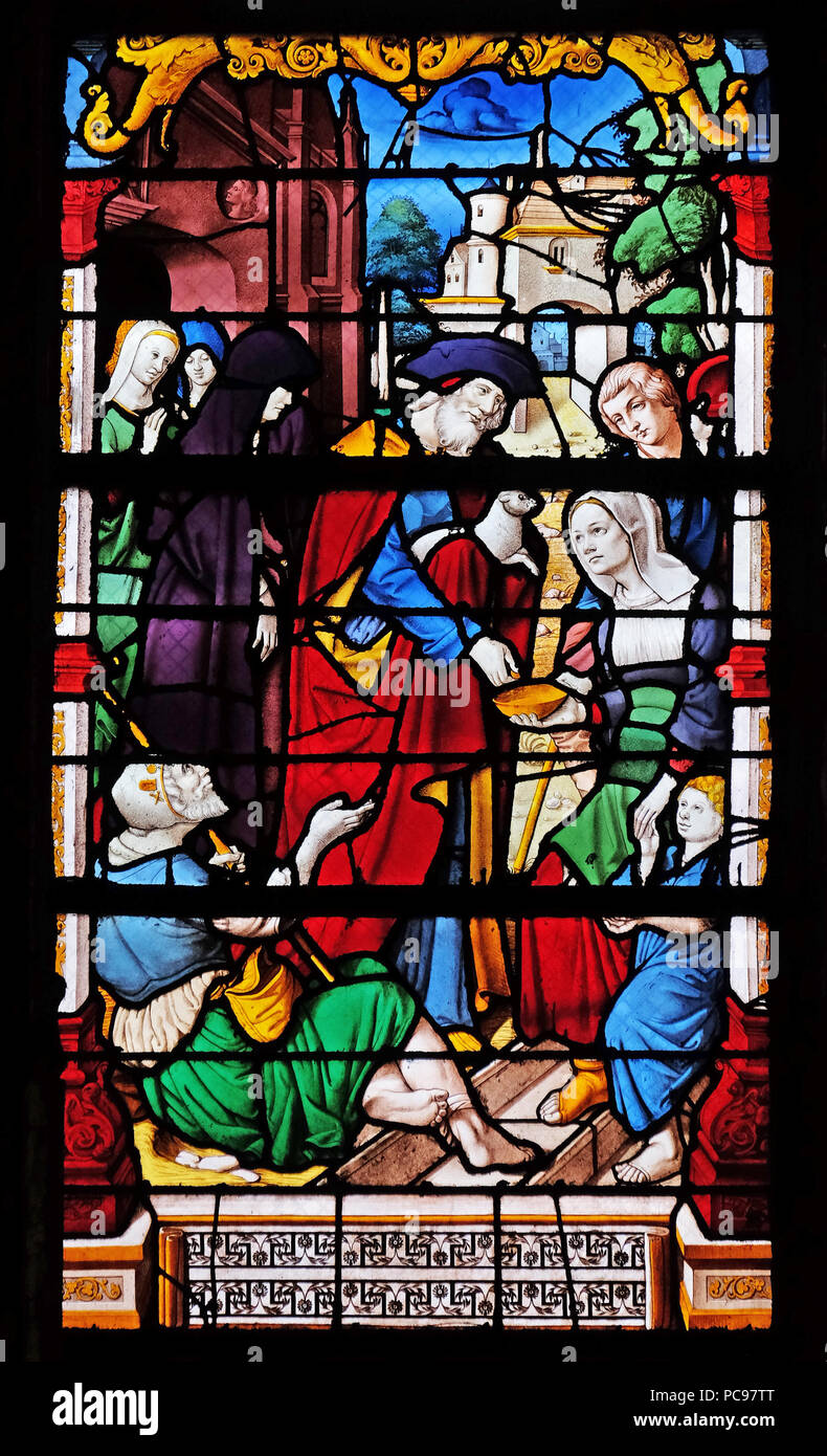 Anne et Joachim sortir du temple, vitraux de la Saint Gervais et Saint Protais Église, Paris, France Banque D'Images
