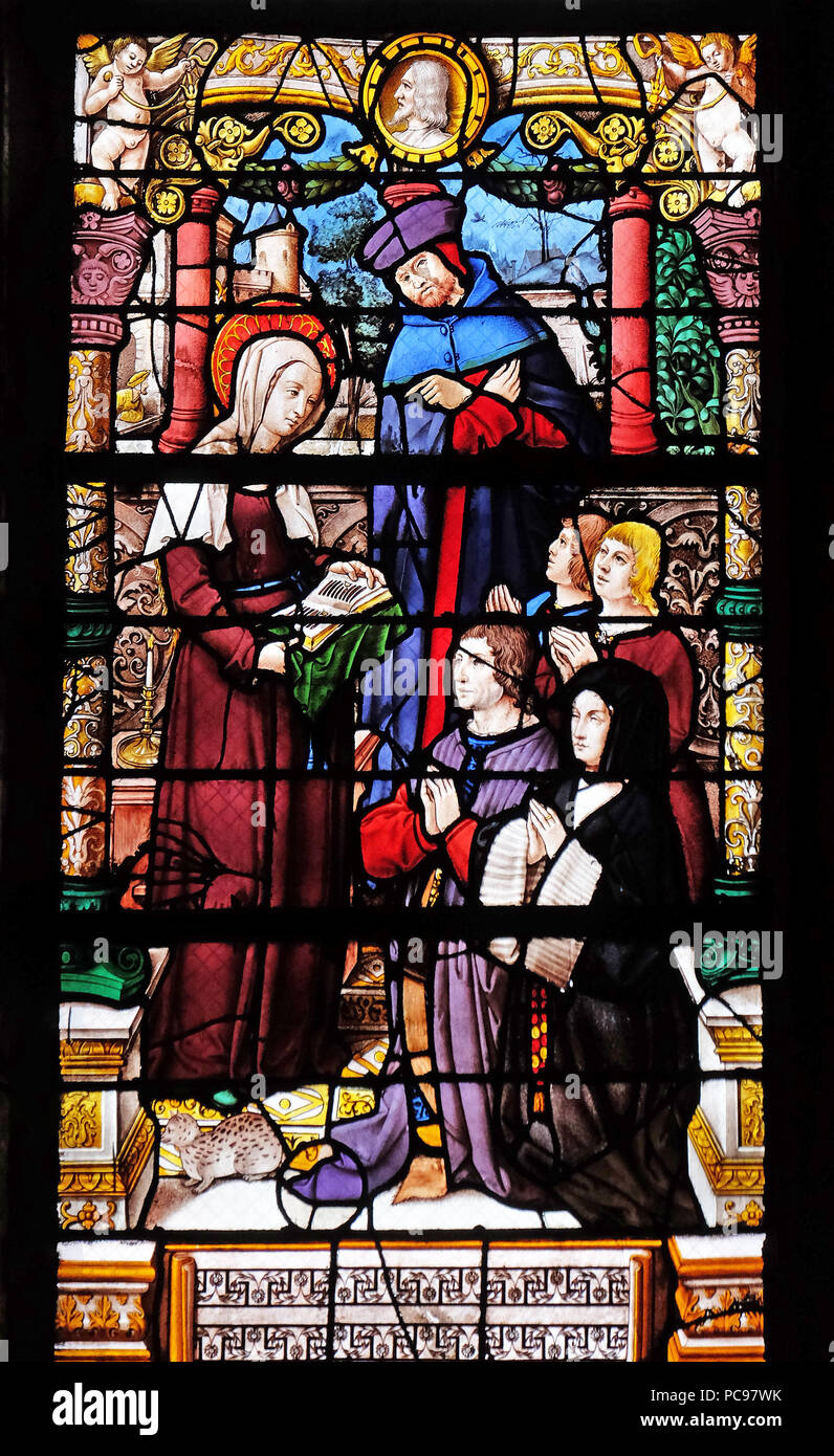 Offrant d'Anne et Joachim, vitraux de la Saint Gervais et Saint Protais Église, Paris, France Banque D'Images