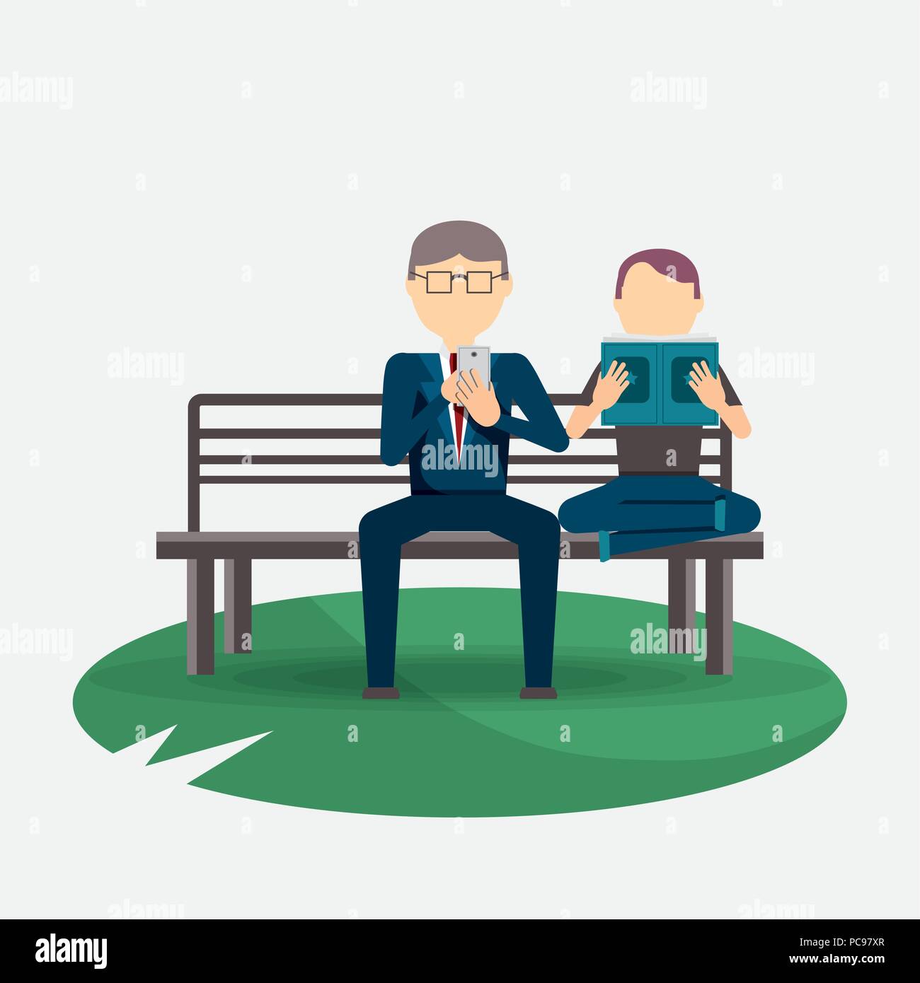 L'homme et businessman reading et assis sur un banc, sur fond blanc, design coloré. vector illustration Illustration de Vecteur