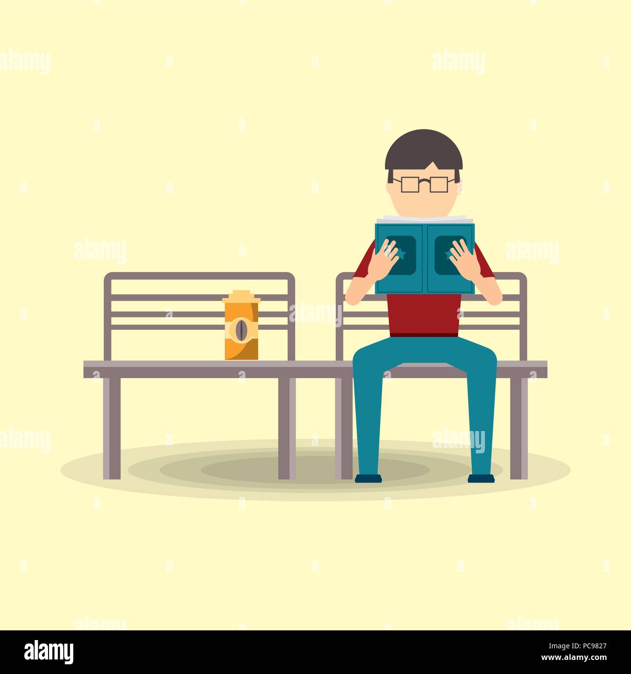 L'homme de lire un livre assis sur un banc, sur fond jaune, design coloré. vector illustration Illustration de Vecteur