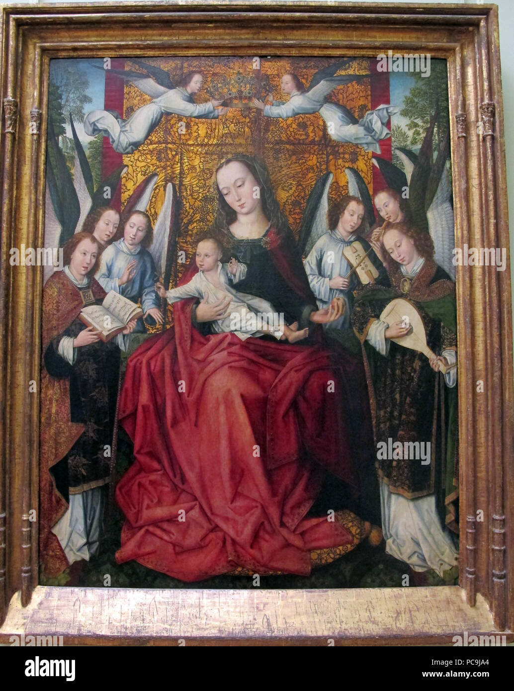 387 Maestro delle foglie ricamate, Madonna col bambino e angeli, Bruxelles 1500 ca. Banque D'Images