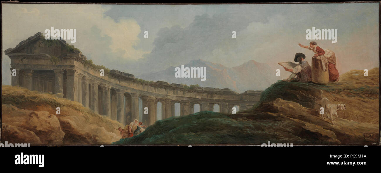 Hubert Robert (français, Paris 1733-Paris 1808) une colonnade en ruine, huile sur toile ; 23 x 61 1/8 in. (58,4 x 155,3 cm) le Metropolitan Museum of Art, New York, don de J. Pierpont Morgan, 1917 (17,190.32) http://www.metmuseum.org/Collections/search-the-collections/437475 286 Hubert Robert - une colonnade en ruine Banque D'Images