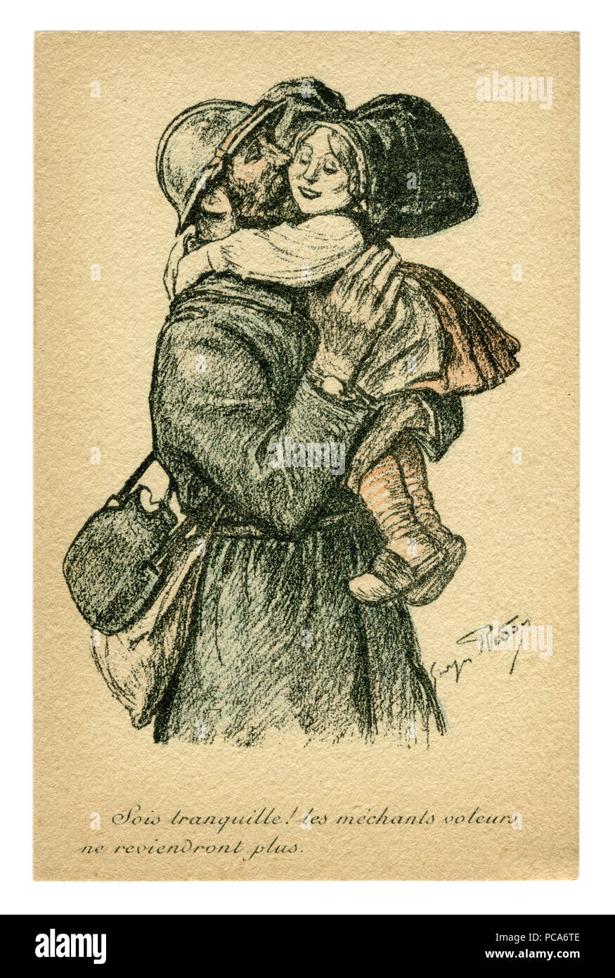 Carte Postale Historique Francais Le Soldat Bisous Et Calins D Une Petite Fille Dans Le Costume Traditionnel De L Alsace Et Lorraine Retour A La Maison La Victoire Symbolisme Photo Stock