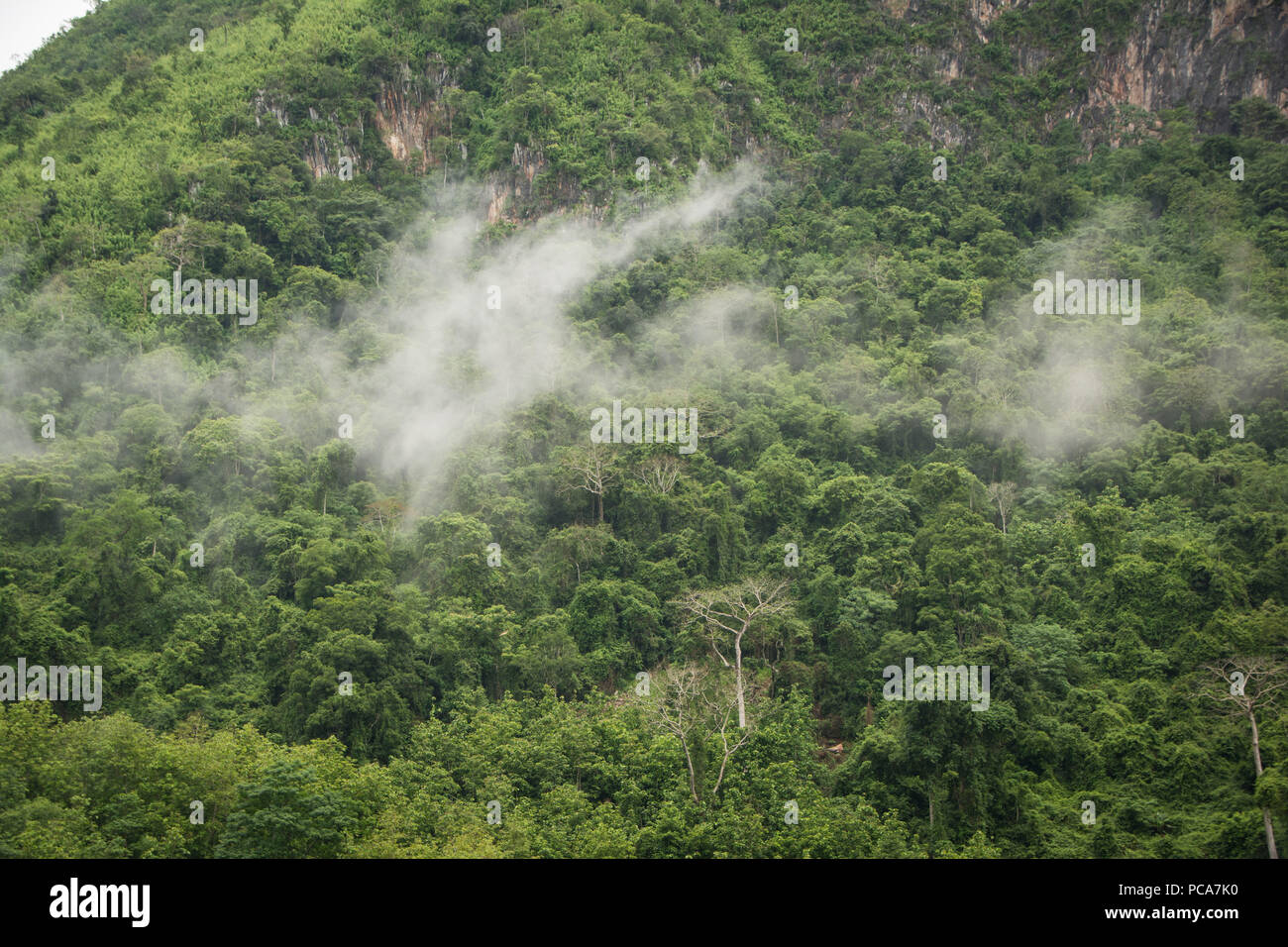 Montagnes brumeuses de Nong Khiaw, au Laos après la pluie. Banque D'Images