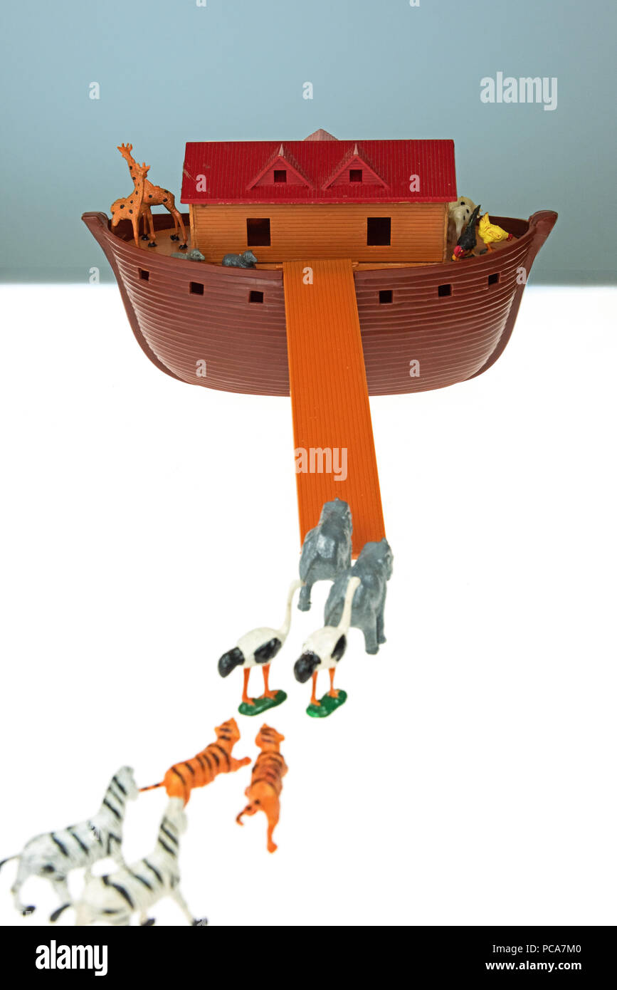 Les animaux en attente de bord de l'arche - l'arche de Noé 1960 jouer ensemble photographié sur un fond blanc. Banque D'Images Les animaux en attente de bord de l'arche - l'arche de Noé 1960 jouer ensemble photographié sur un fond blanc. Banque D'Images