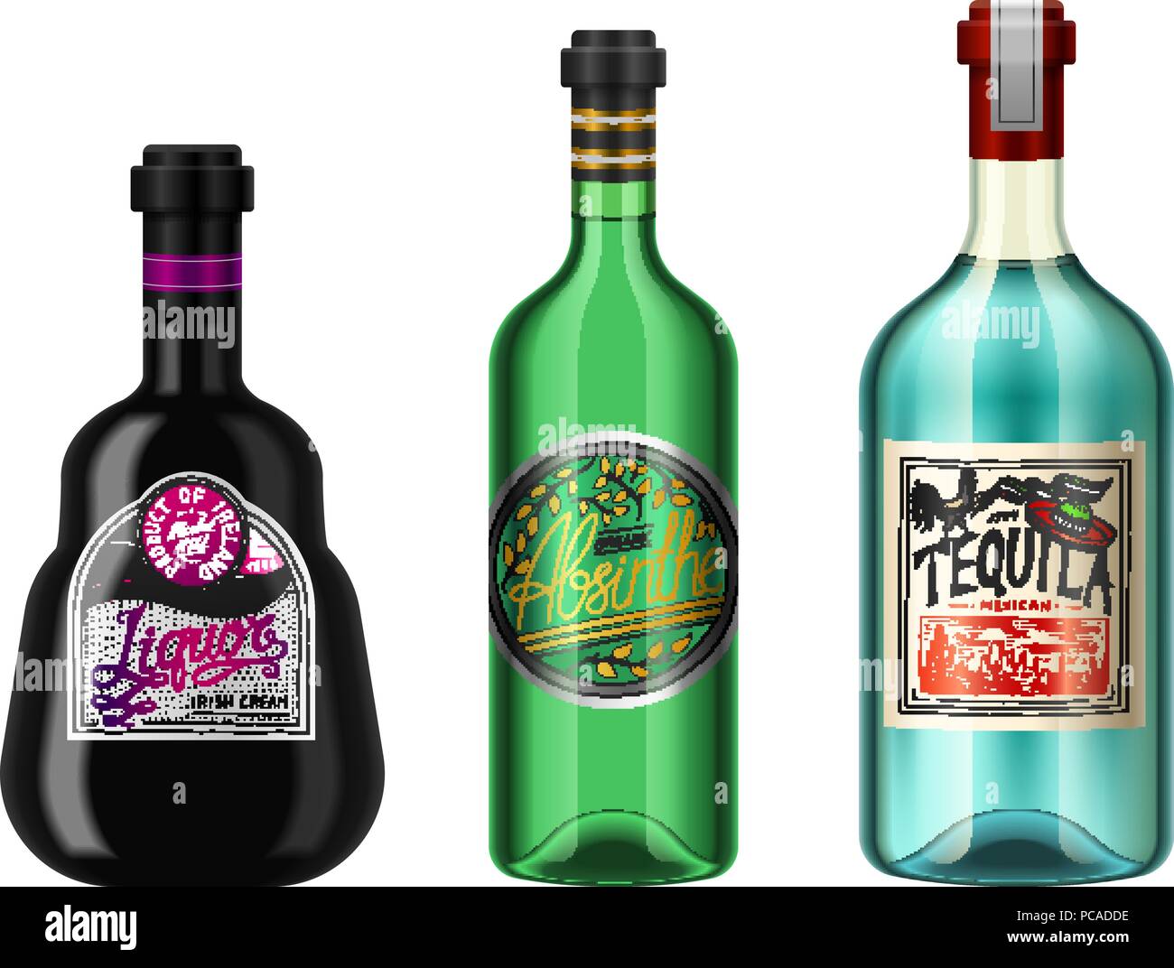 L'alcool des boissons dans une bouteille avec différentes étiquettes  vintage. Liqueur Tequila. Absent réaliste Vector illustration pour le menu.  logo gravé à la main Image Vectorielle Stock - Alamy