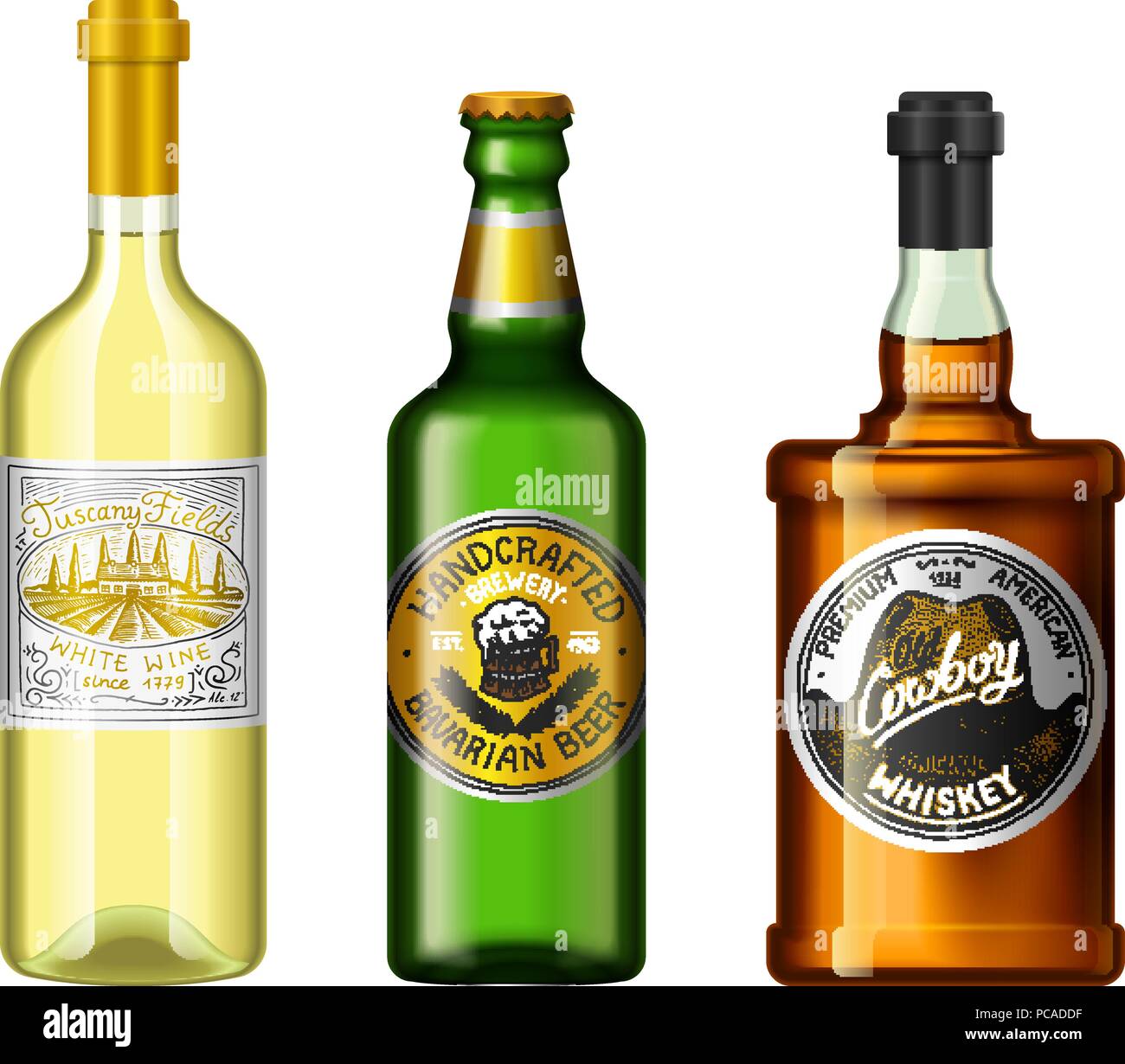 L'alcool des boissons dans une bouteille avec différentes étiquettes vintage. Vin Bière Whisky réaliste. Vector illustration pour le menu. logo gravé à la main. Illustration de Vecteur