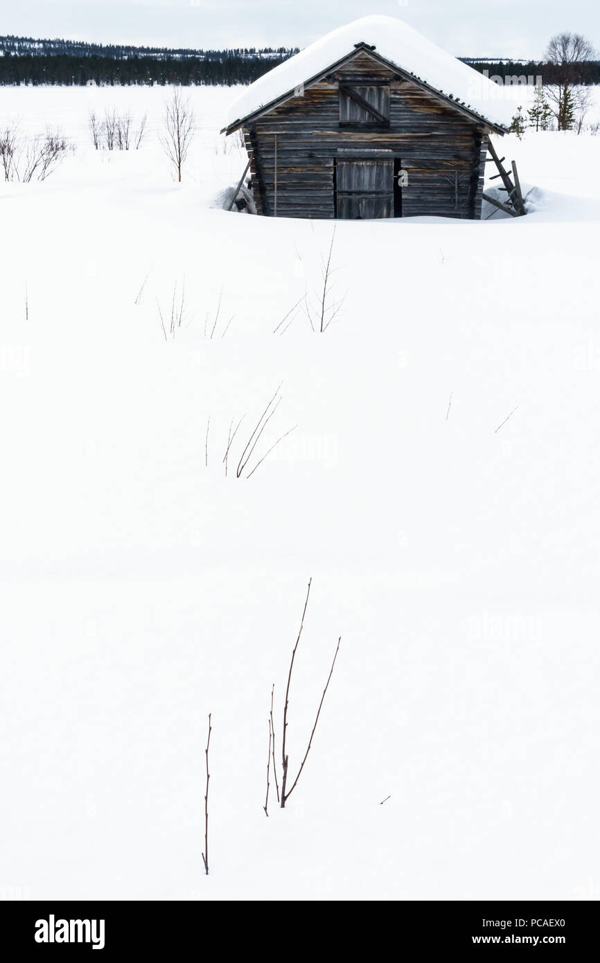 Grange en bois enterré dans la neige dans un paysage, Torassieppi, Laponie, Finlande, Scandinavie, Nord de l'Europe Banque D'Images