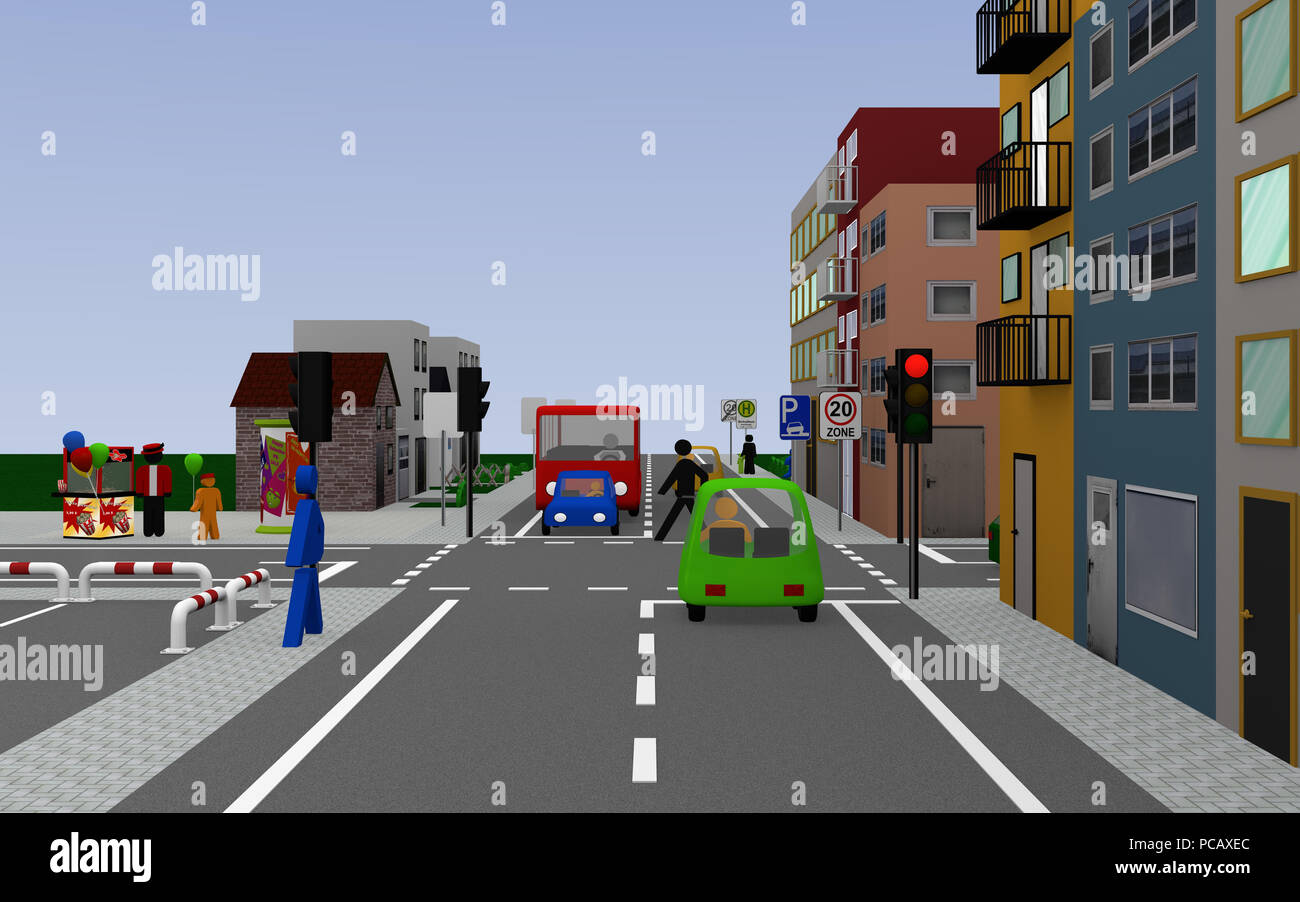 Vue sur la ville avec feu junction et signes, zone 20, school bus stop avec texte allemand : school bus jours de travail, le stationnement sur le trottoir, un permis Banque D'Images Vue sur la ville avec feu junction et signes, zone 20, school bus stop avec texte allemand : school bus jours de travail, le stationnement sur le trottoir, un permis Banque D'Images