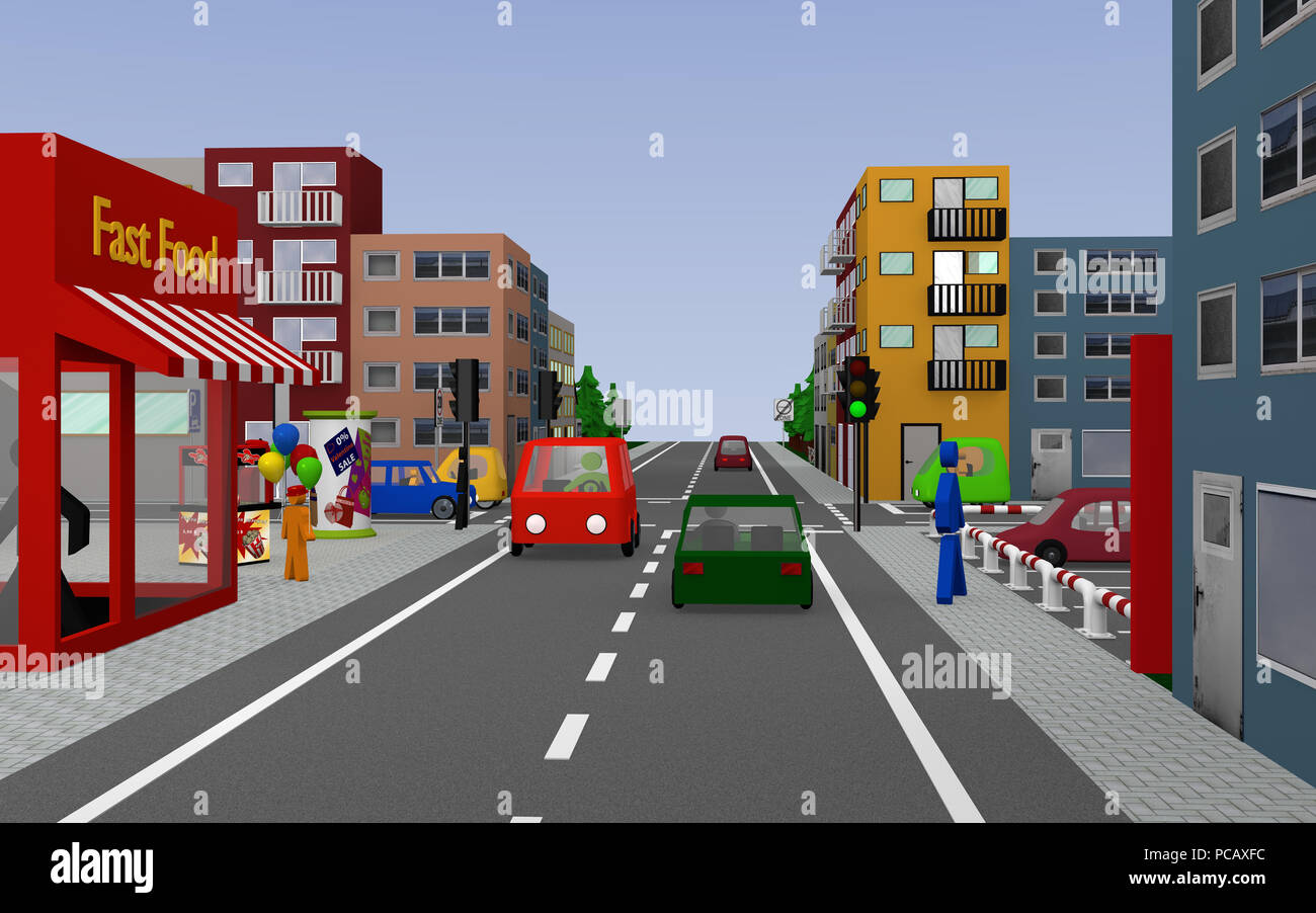 Vue sur la ville avec un grand vert carrefour, des maisons, des voitures, des piétons et des commerces. Le rendu 3D Banque D'Images Vue sur la ville avec un grand vert carrefour, des maisons, des voitures, des piétons et des commerces. Le rendu 3D Banque D'Images