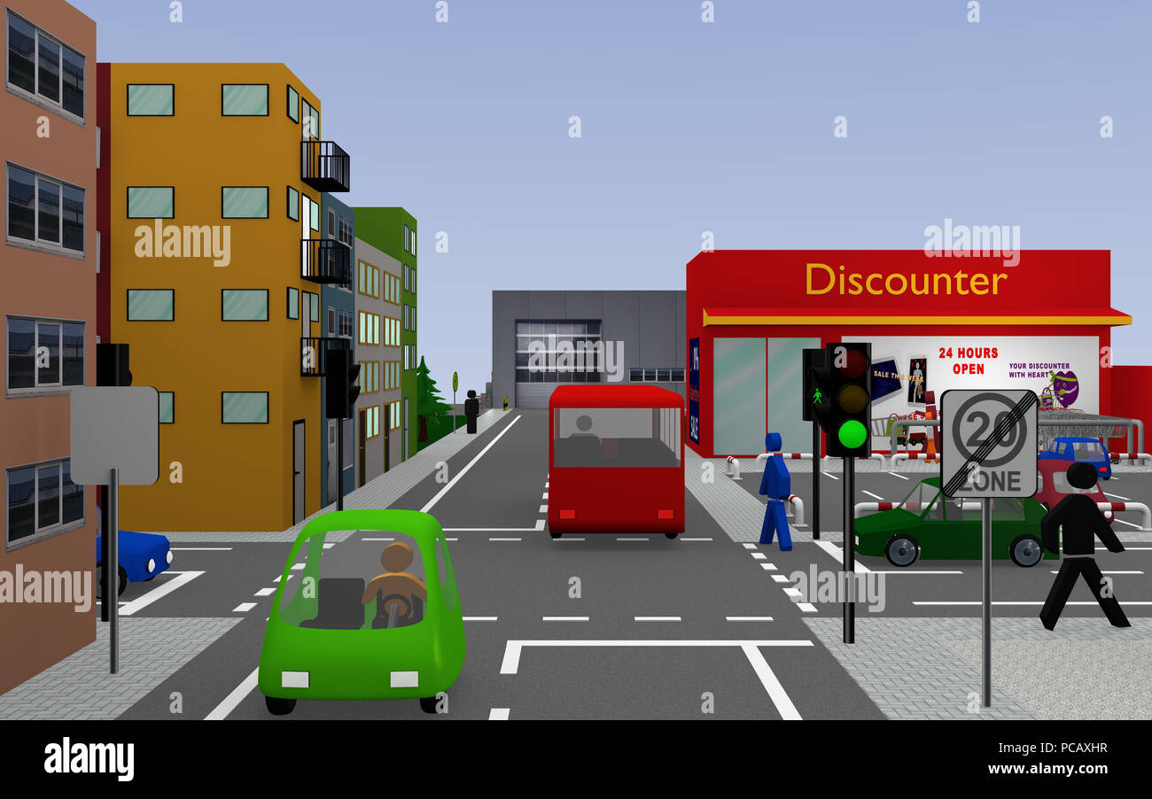 Vue urbaine avec feux de circulation, voitures, les gens colorés, maisons et boutiques. Le rendu 3D Banque D'Images Vue urbaine avec feux de circulation, voitures, les gens colorés, maisons et boutiques. Le rendu 3D Banque D'Images