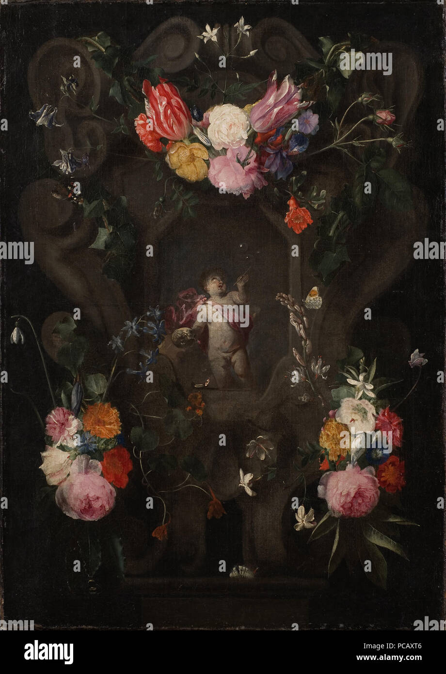 34 fleurs autour un cartouche avec une image de putto - Nationalmuseum - 17635 Banque D'Images