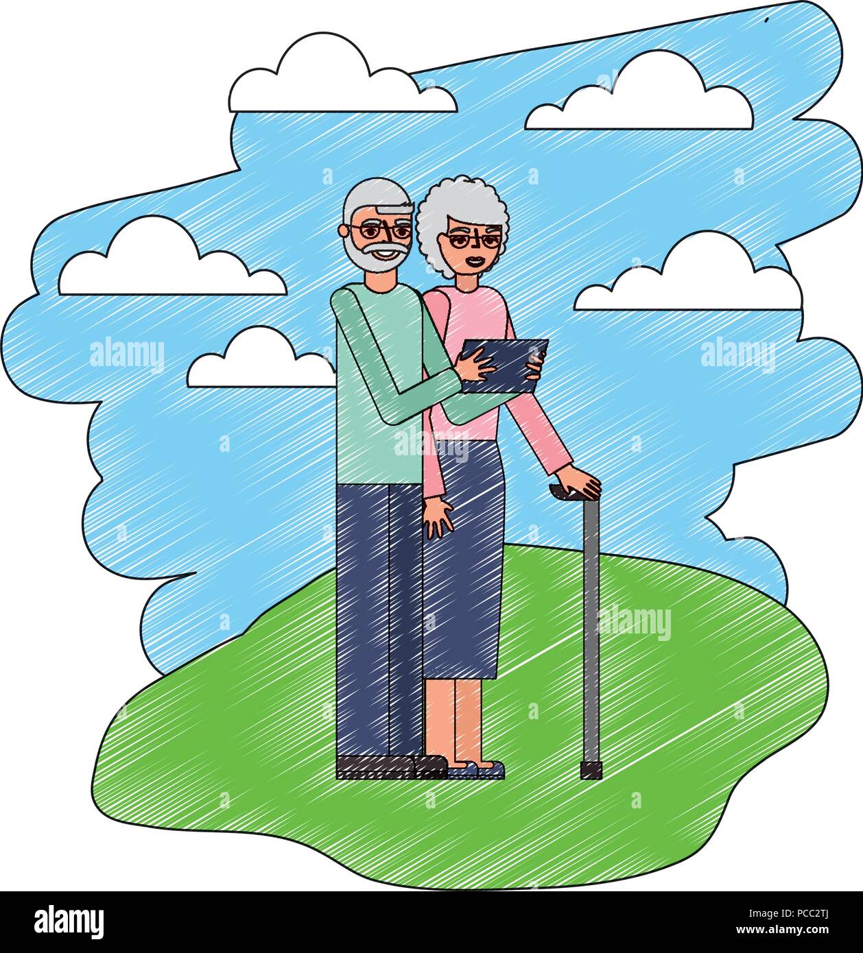 Les grands-parents avec téléphone et stick canne dans le paysage vector illustration Illustration de Vecteur