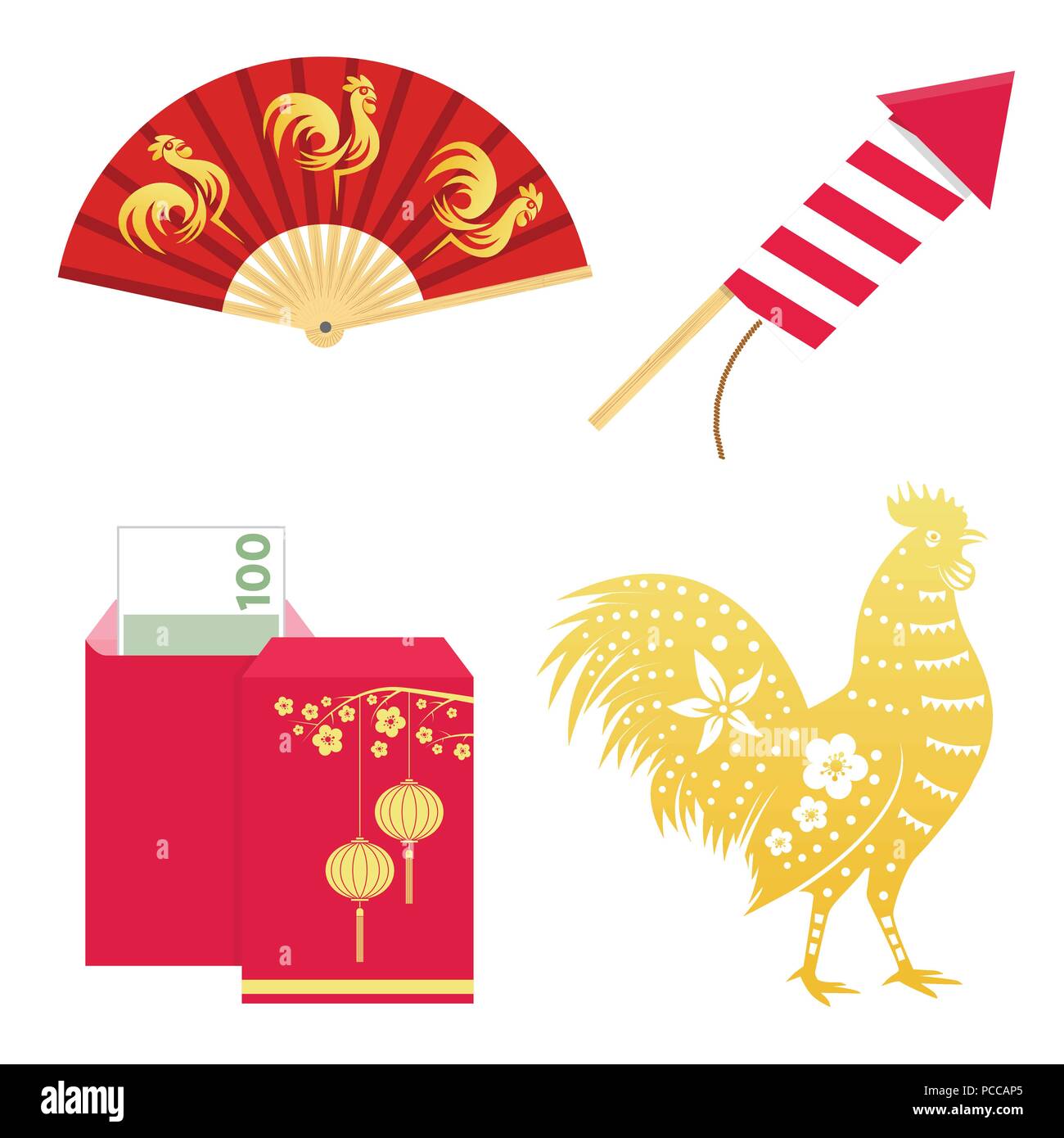Ensemble d'éléments de conception du nouvel an chinois. Vector illustration. Set : Coq d'or, l'enveloppe rouge, lampe chinoise avec cherry et firework roc rouge Illustration de Vecteur