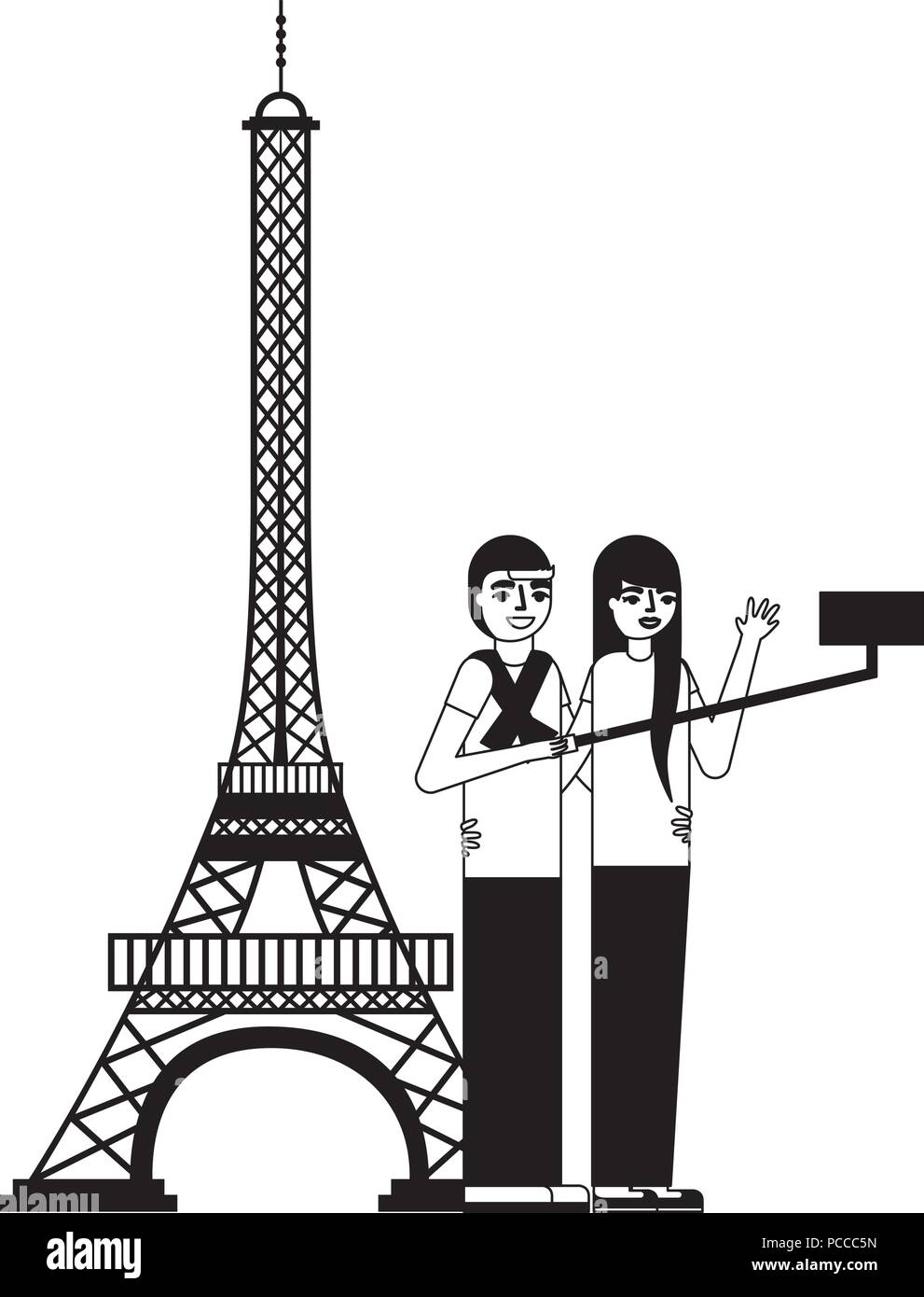 Couple tour eiffel selfies monochrome d'illustration vectorielle Illustration de Vecteur