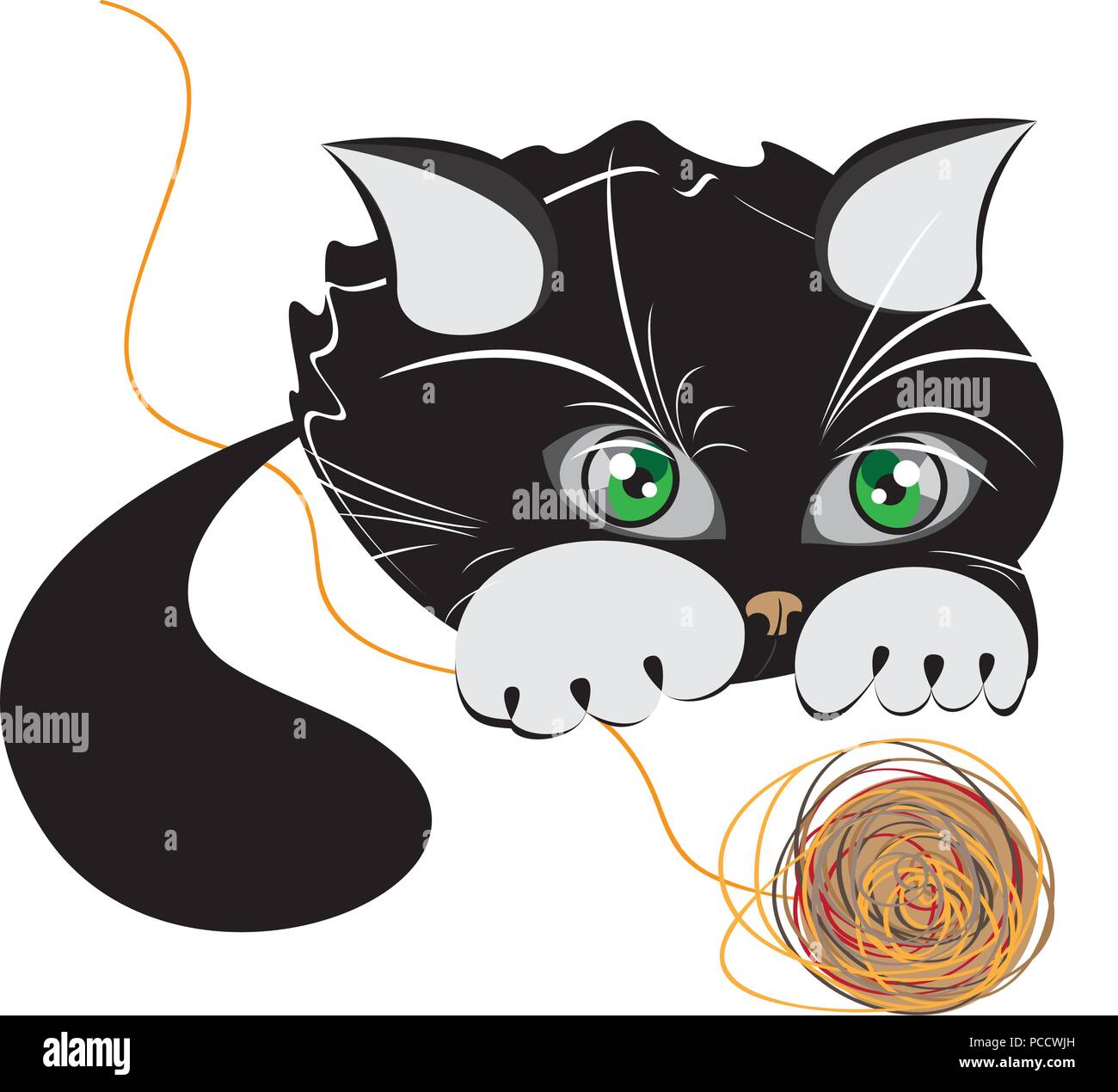 Petit chaton noir jouant avec une pelote de laine Illustration de Vecteur