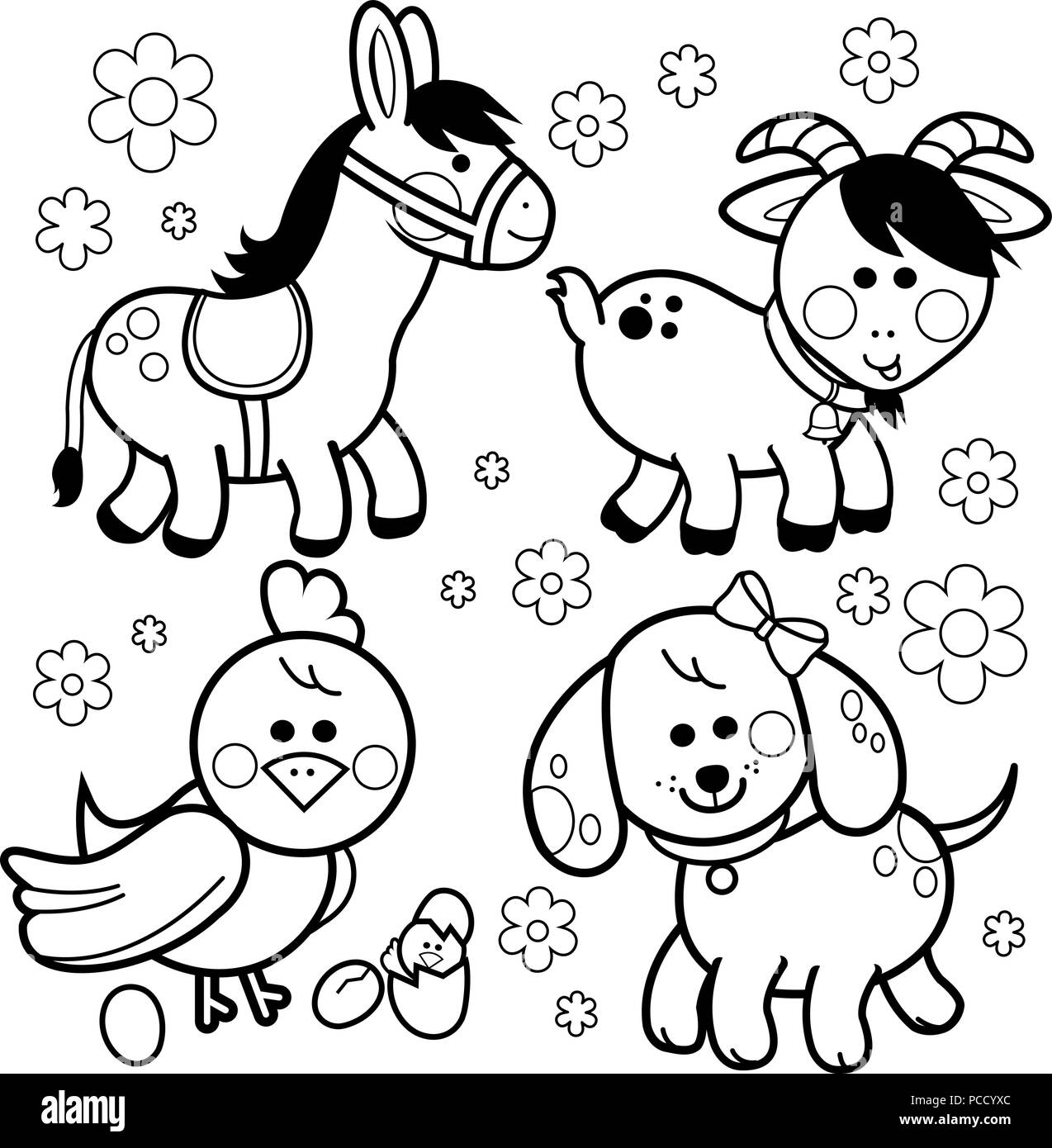 Animaux de ferme sur fond blanc. Ensemble d'animaux de ferme de dessin animé mignon. Un âne, un chien, un poulet et une chèvre. Page de coloriage noir et blanc vectoriel. Illustration de Vecteur