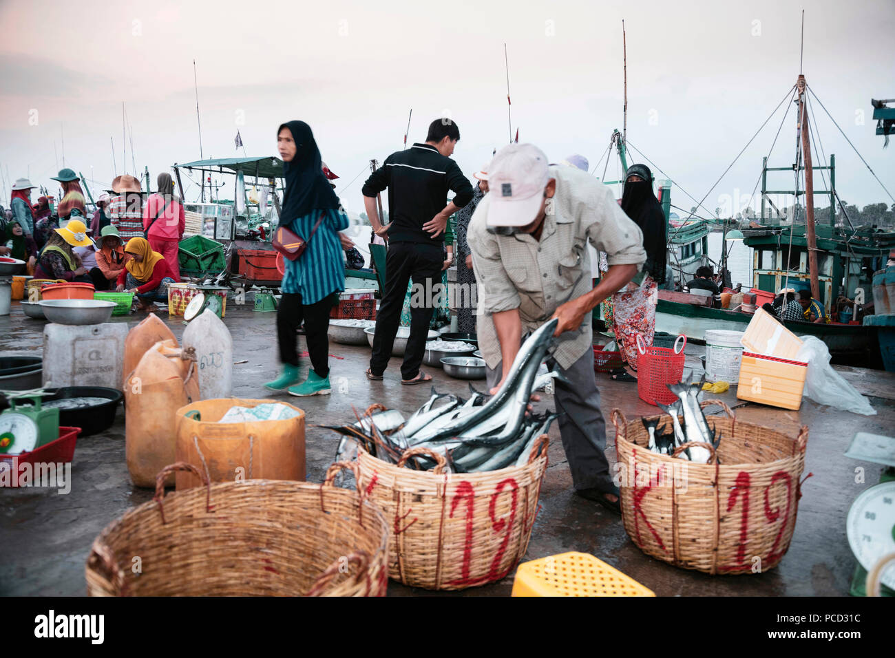 Le matin, marché aux poissons, sur les rives de la rivière à Preaek Tuek Chhu ville de Kampot, Cambodge, Indochine, Asie du Sud, Asie Banque D'Images