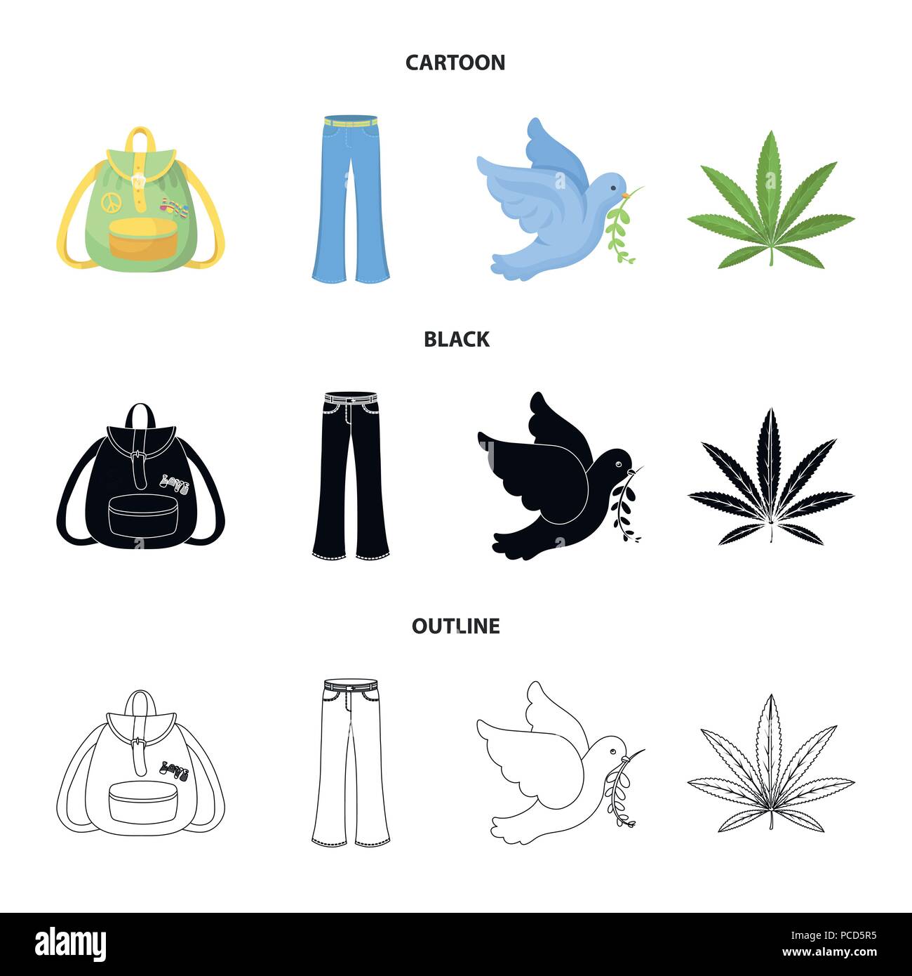 Une feuille de cannabis, une colombe, un jean, un sac à dos.collection set Hippy en icônes cartoon,Black,style Contour Symbole vecteur illustration de stock. Illustration de Vecteur