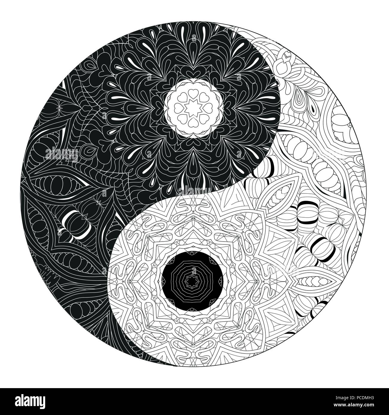 Yin et yang symbole dessiné à la main décorative pour Coloring Book Illustration de Vecteur