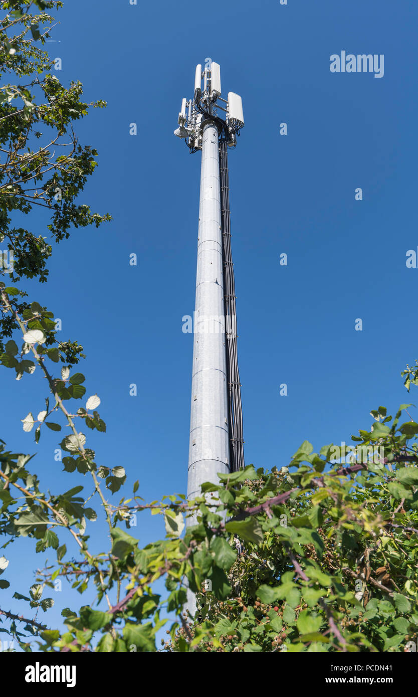 Hauteur du mât de l'antenne de cellulaire ou de téléphones mobiles, un émetteur de la station de base au Royaume-Uni, contre le ciel bleu. Banque D'Images