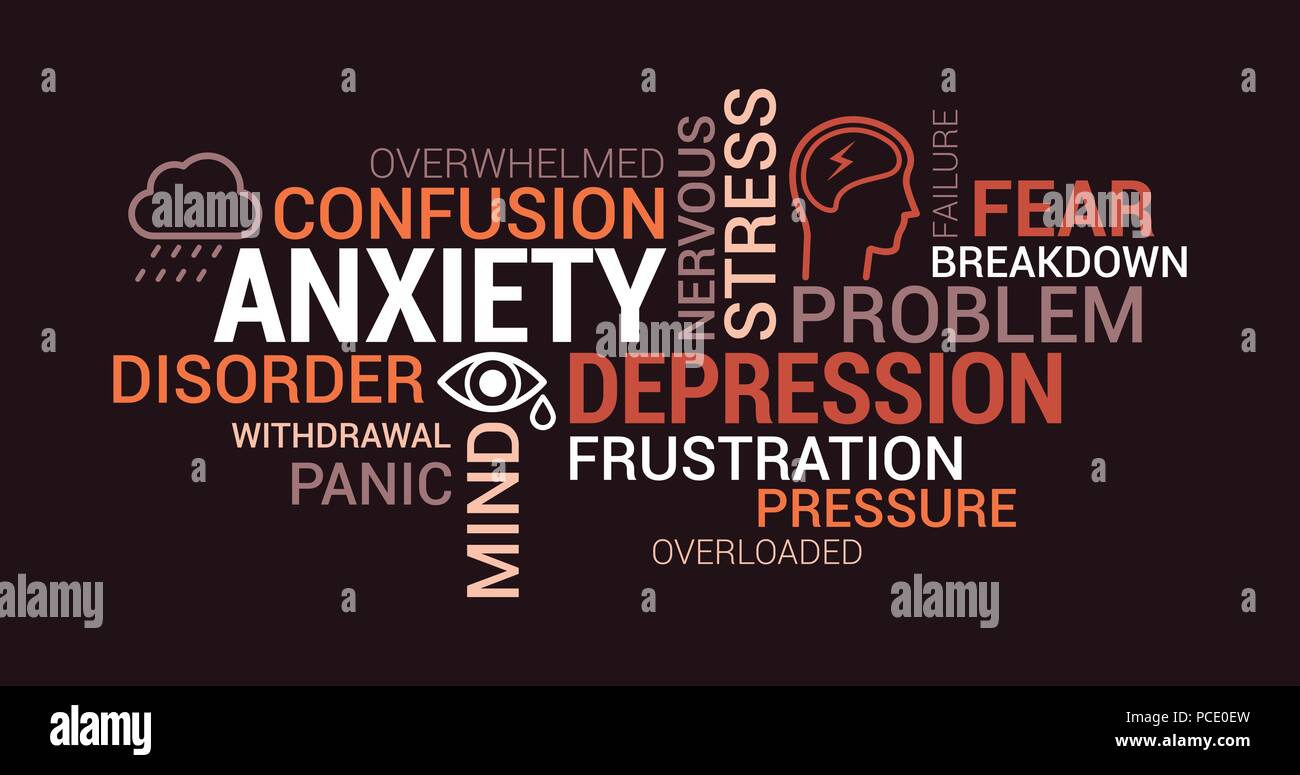 L'anxiété, la panique et la dépression tag cloud avec des mots, des concepts et des icônes Illustration de Vecteur