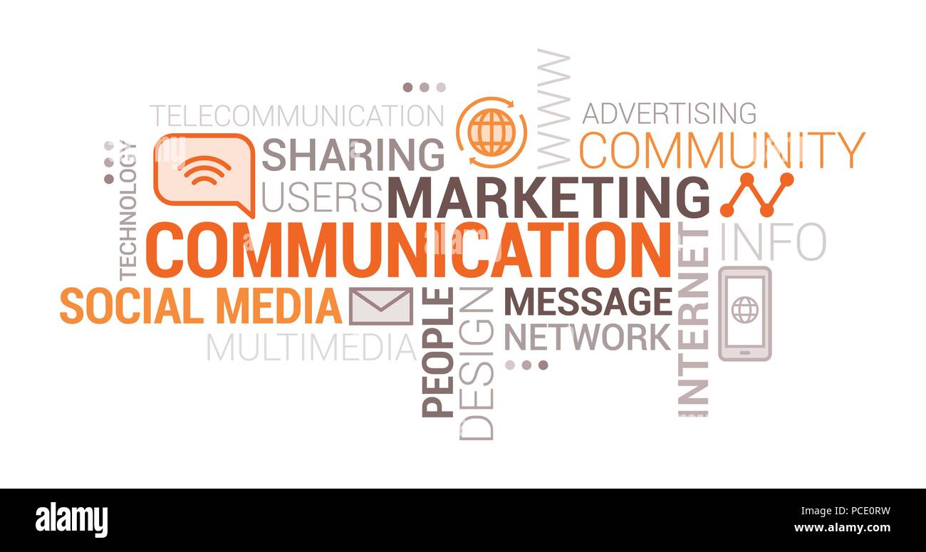 Communication, médias sociaux et marketing tag cloud avec des icônes et des concepts Illustration de Vecteur