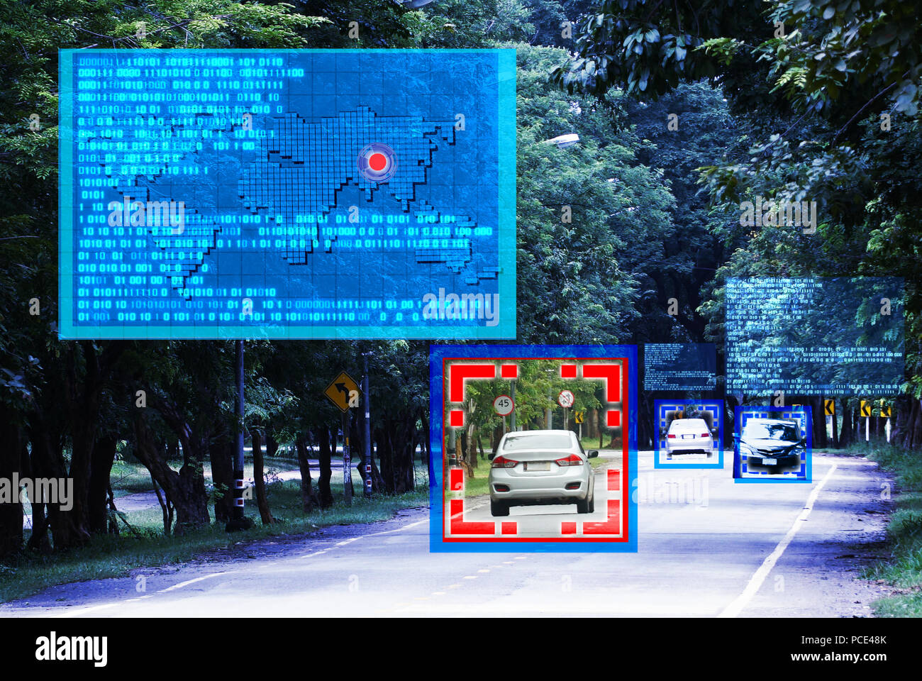 Système de signal radar capteur graphique avec la technologie futuriste des voitures sur l'autoroute route avec arbre sur l'arrière-plan. Banque D'Images