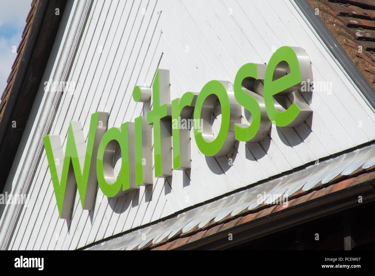 Waitrose signe, High Street, signe de supermarché vitrine Banque D'Images